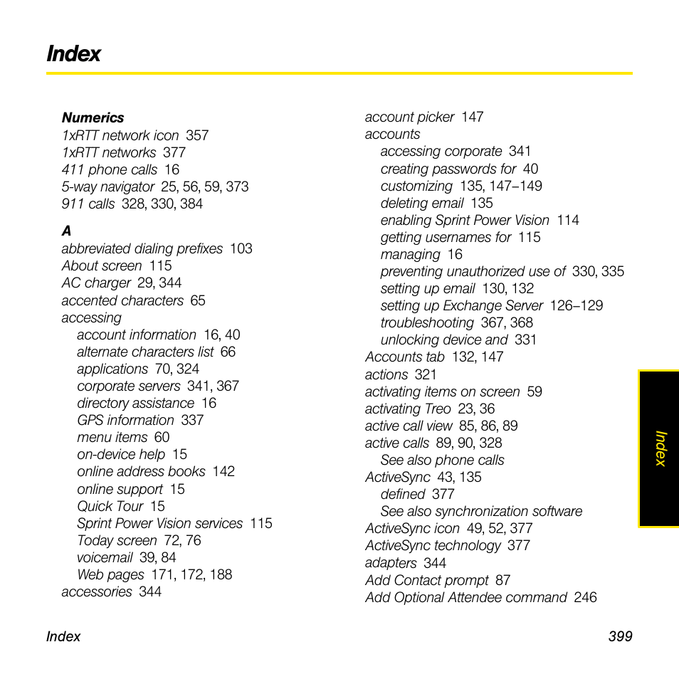 Index, Numerics | Sprint Nextel Palm Treo 800w User Manual | Page 399 / 436