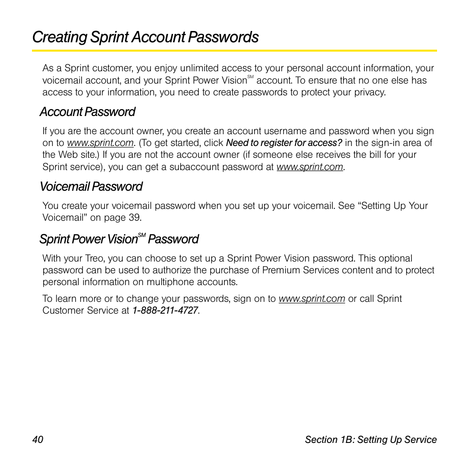 Creating sprint account passwords, Account password, Voicemail password | Sprint power visionsm password, Sprint power vision, Password | Sprint Nextel Palm Treo 800w User Manual | Page 40 / 436