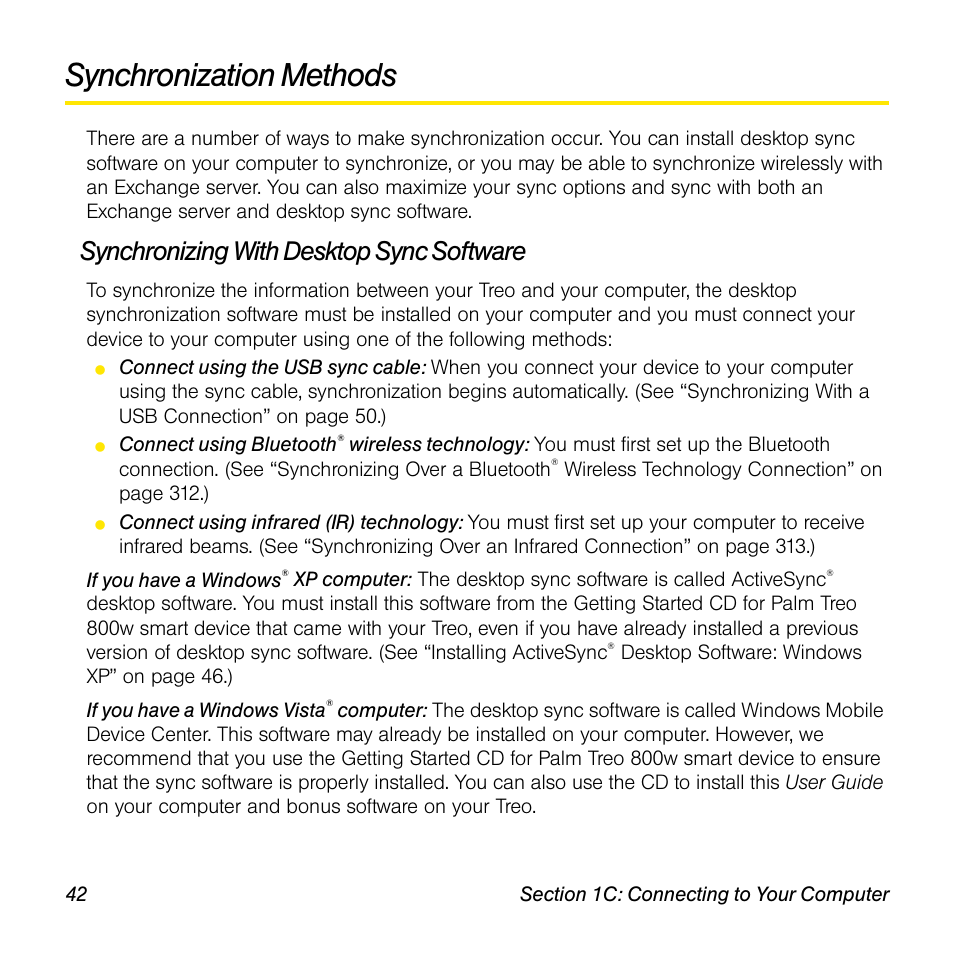 Synchronization methods, Synchronizing with desktop sync software | Sprint Nextel Palm Treo 800w User Manual | Page 42 / 436