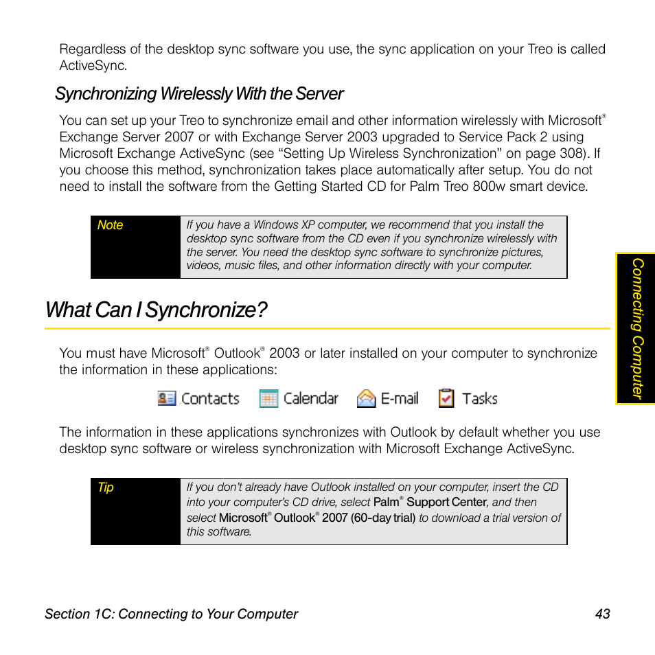 Synchronizing wirelessly with the server, What can i synchronize | Sprint Nextel Palm Treo 800w User Manual | Page 43 / 436