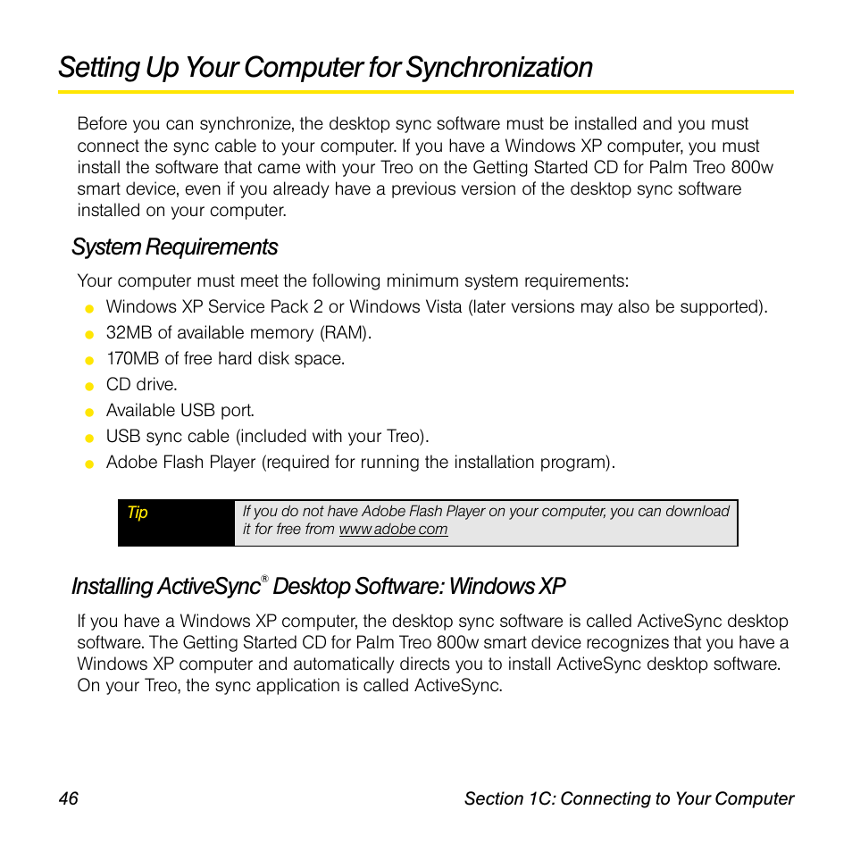 Setting up your computer for synchronization, System requirements, Installing activesync | Desktop software: windows, Desktop software: windows xp | Sprint Nextel Palm Treo 800w User Manual | Page 46 / 436