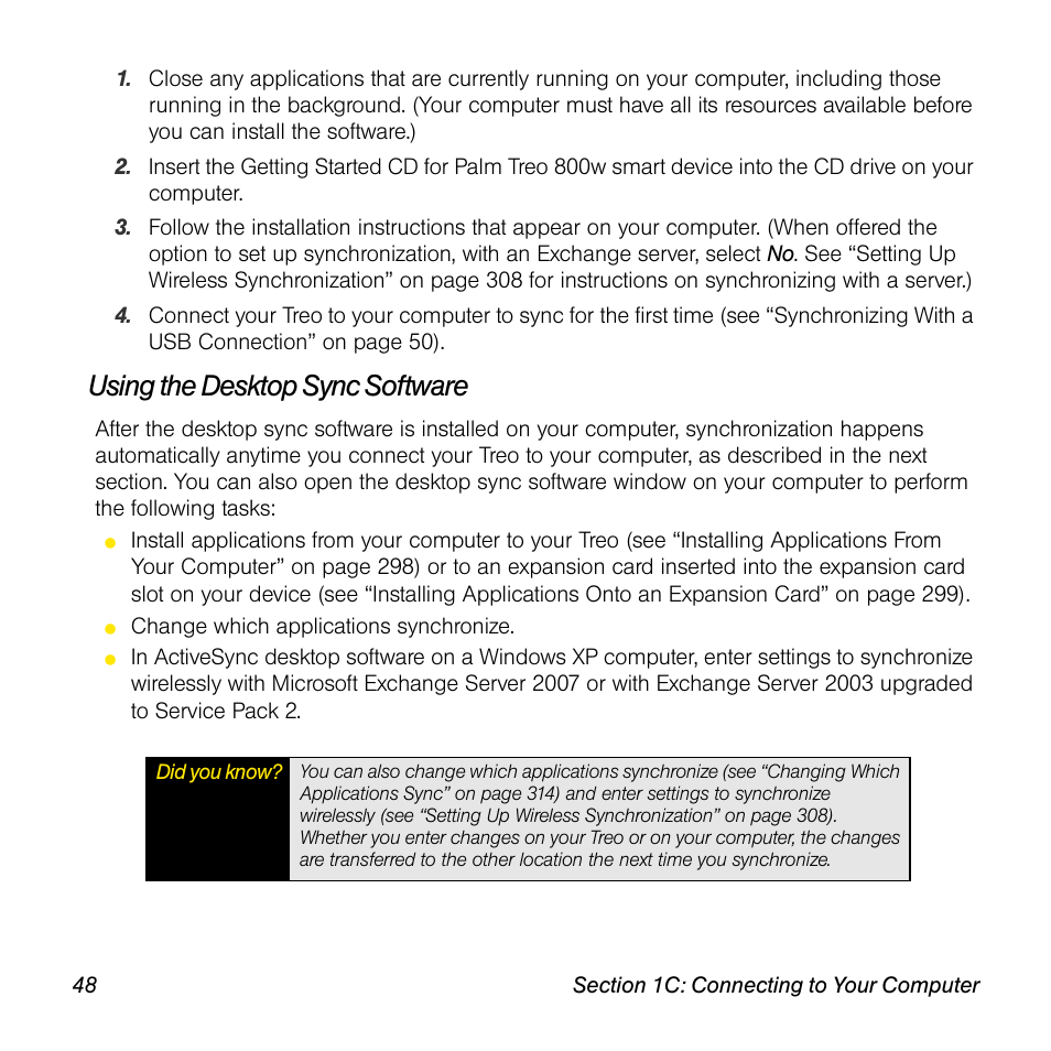 Using the desktop sync software | Sprint Nextel Palm Treo 800w User Manual | Page 48 / 436