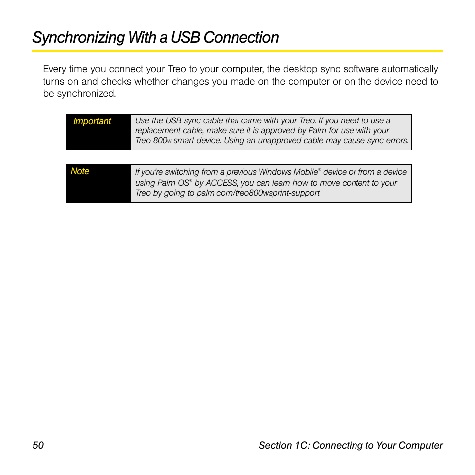 Synchronizing with a usb connection | Sprint Nextel Palm Treo 800w User Manual | Page 50 / 436