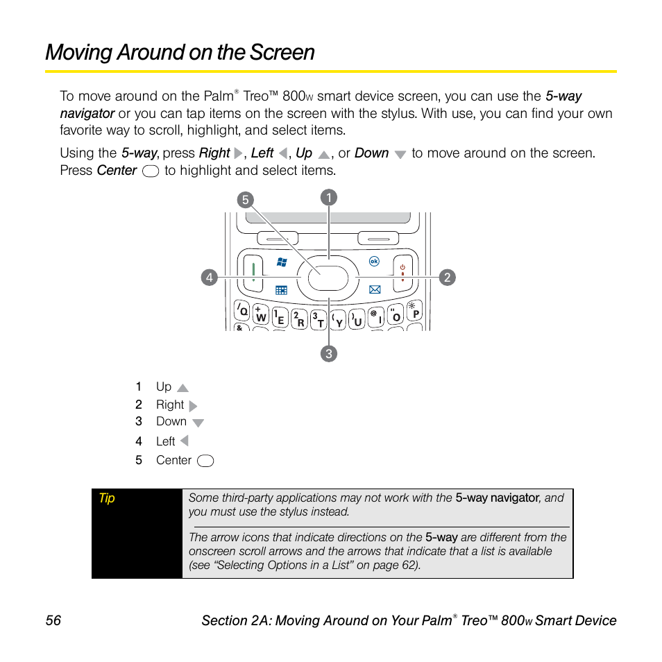 Moving around on the screen | Sprint Nextel Palm Treo 800w User Manual | Page 56 / 436