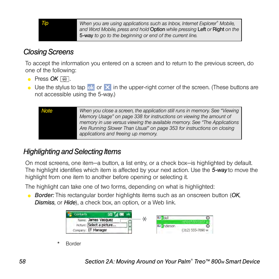 Closing screens, Highlighting and selecting items | Sprint Nextel Palm Treo 800w User Manual | Page 58 / 436