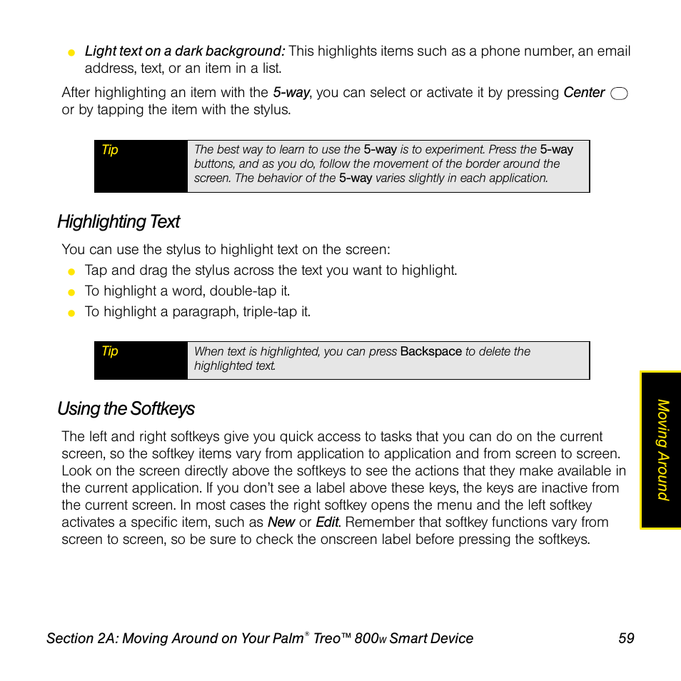 Highlighting text, Using the softkeys | Sprint Nextel Palm Treo 800w User Manual | Page 59 / 436