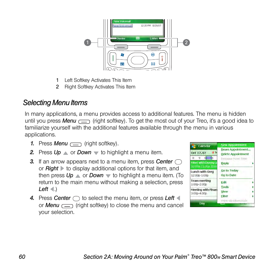 Selecting menu items | Sprint Nextel Palm Treo 800w User Manual | Page 60 / 436