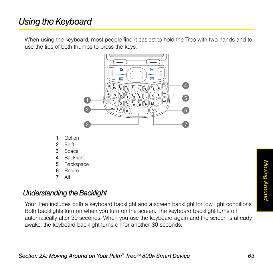 Using the keyboard, Understanding the backlight | Sprint Nextel Palm Treo 800w User Manual | Page 63 / 436