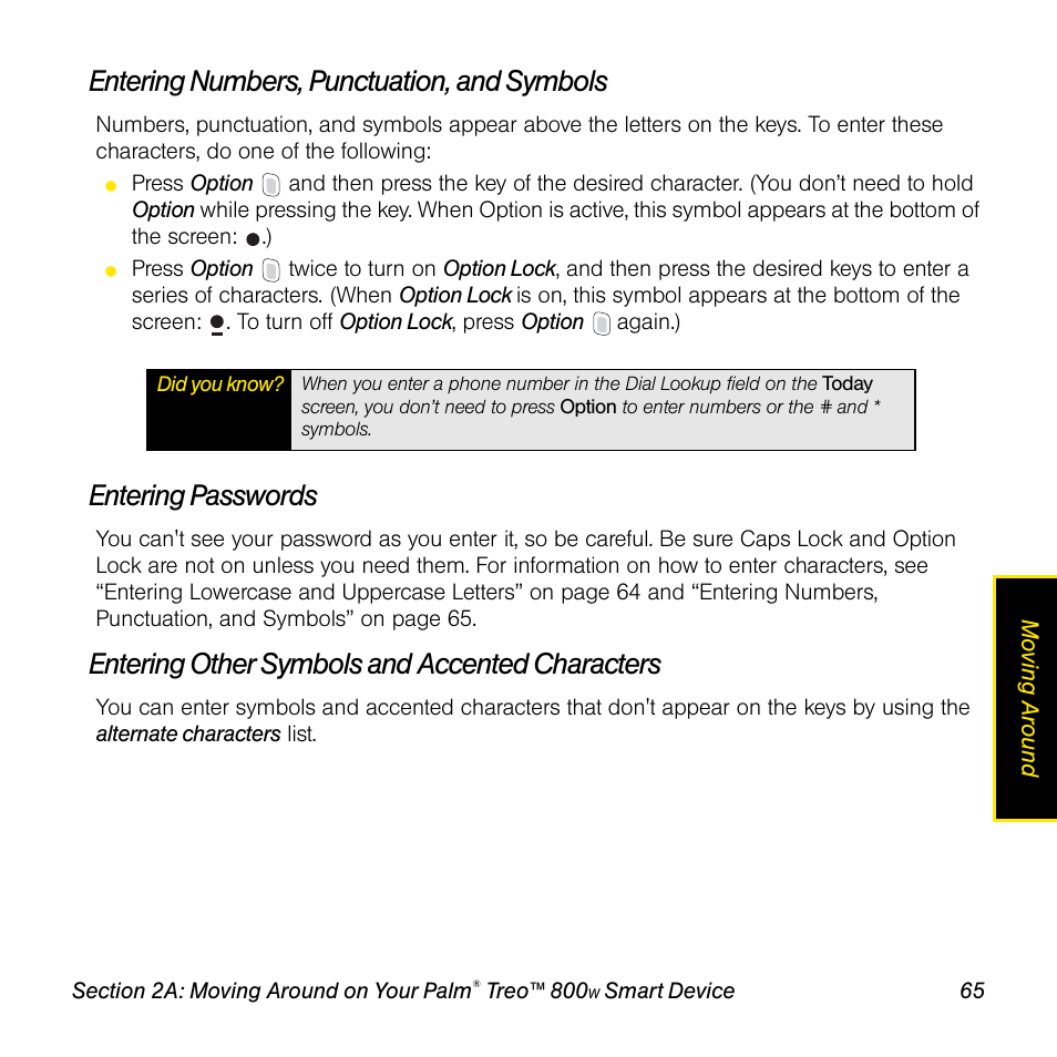 Entering numbers, punctuation, and symbols, Entering passwords, Entering other symbols and accented characters | Sprint Nextel Palm Treo 800w User Manual | Page 65 / 436