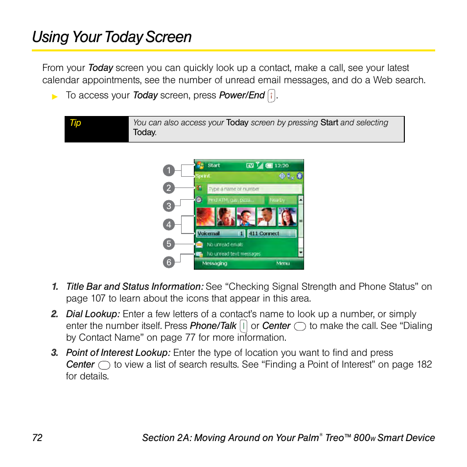 Using your today screen | Sprint Nextel Palm Treo 800w User Manual | Page 72 / 436