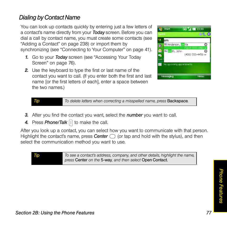 Dialing by contact name, E “dialing | Sprint Nextel Palm Treo 800w User Manual | Page 77 / 436