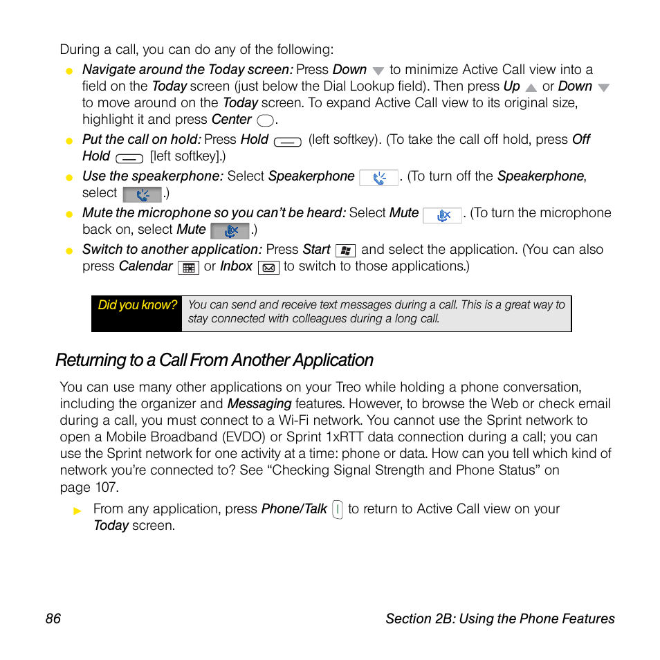 Returning to a call from another application | Sprint Nextel Palm Treo 800w User Manual | Page 86 / 436