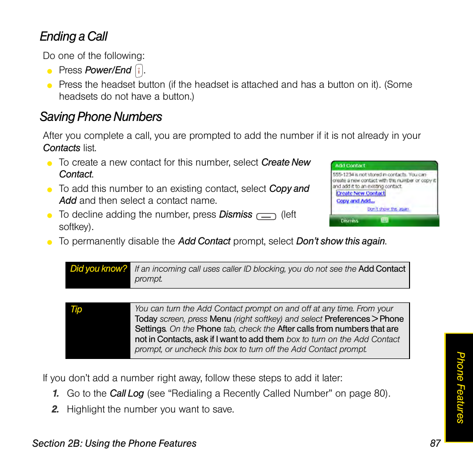 Ending a call, Saving phone numbers | Sprint Nextel Palm Treo 800w User Manual | Page 87 / 436
