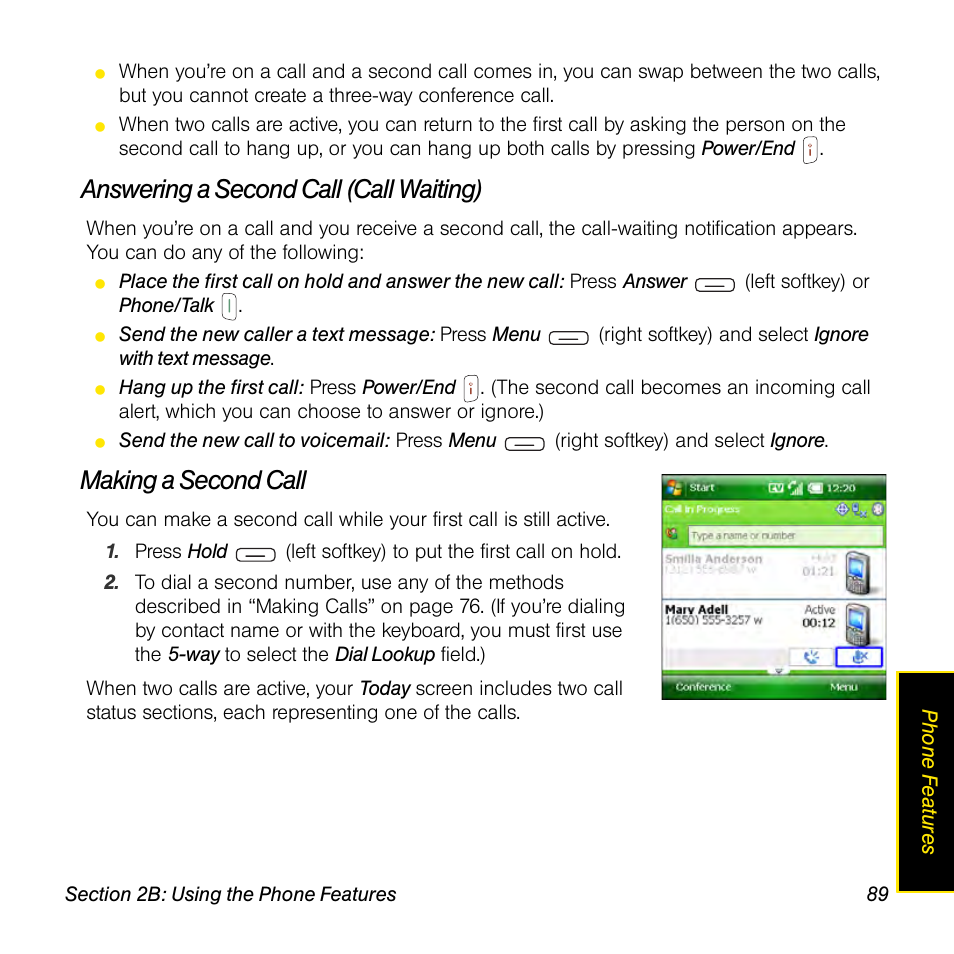 Answering a second call (call waiting), Making a second call | Sprint Nextel Palm Treo 800w User Manual | Page 89 / 436