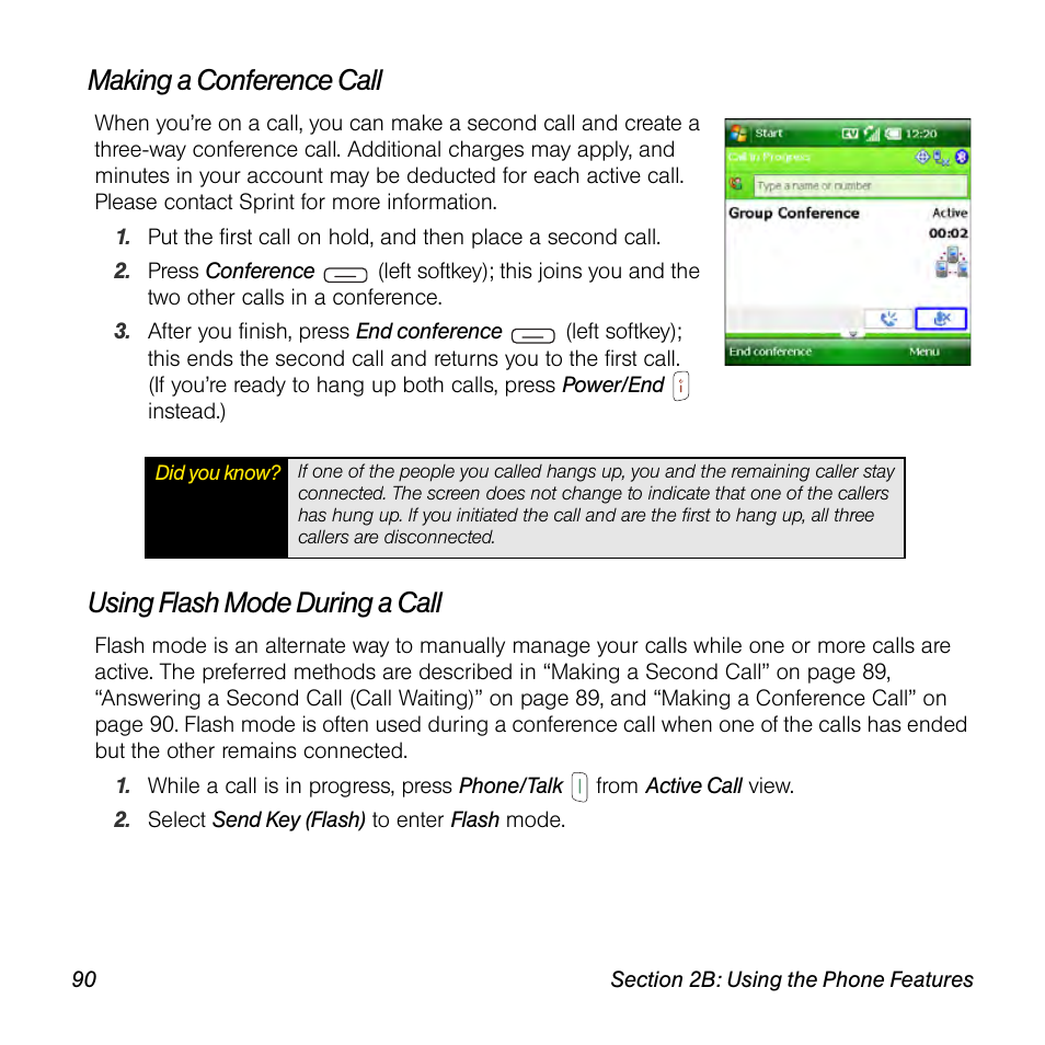 Making a conference call, Using flash mode during a call | Sprint Nextel Palm Treo 800w User Manual | Page 90 / 436