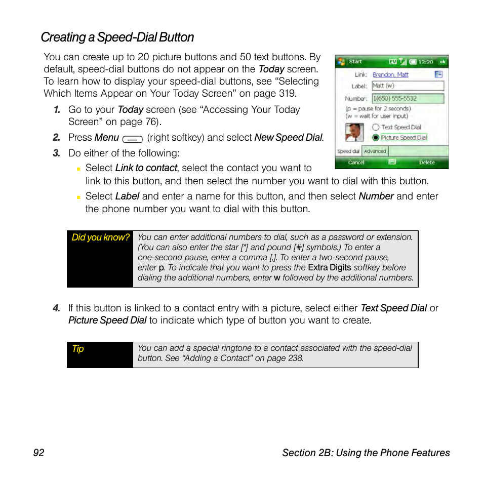 Creating a speed-dial button | Sprint Nextel Palm Treo 800w User Manual | Page 92 / 436