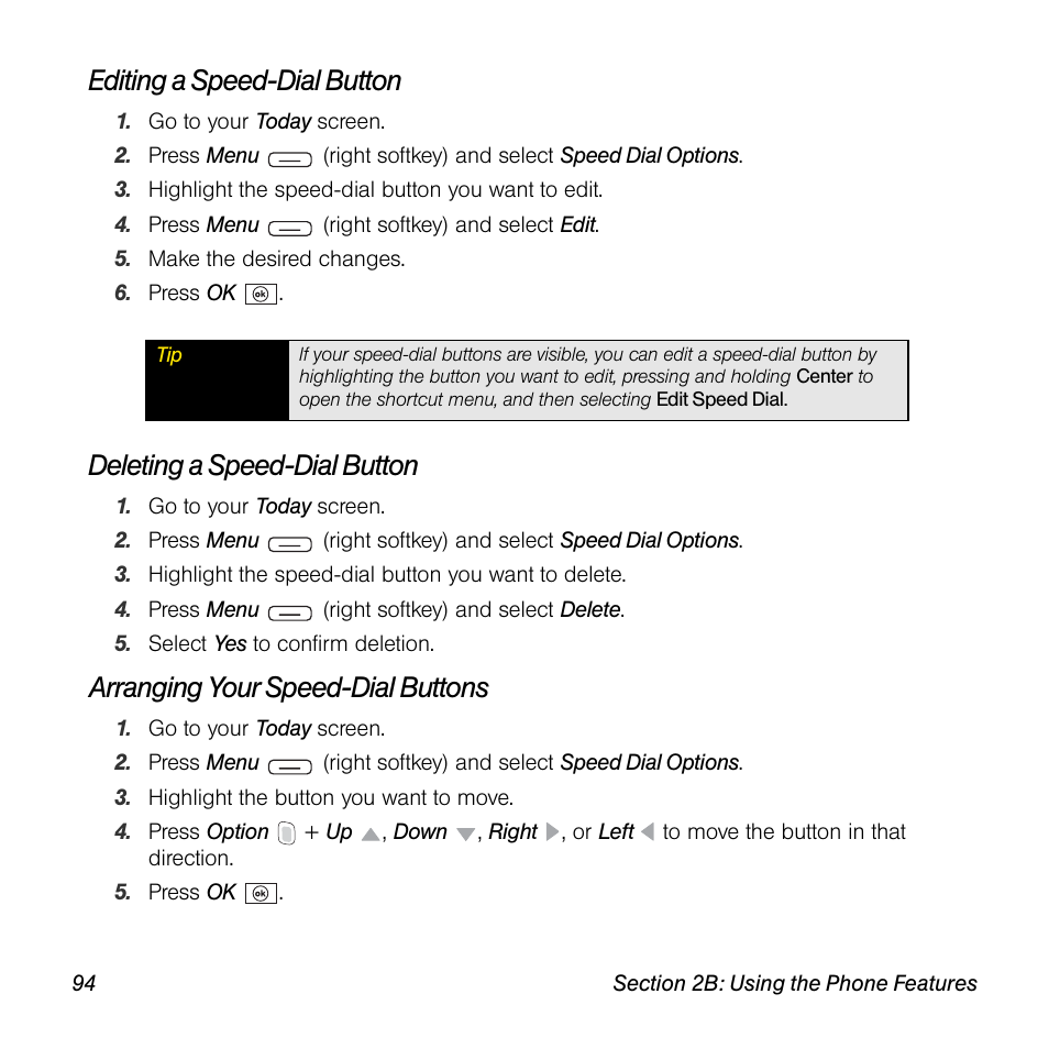 Editing a speed-dial button, Deleting a speed-dial button, Arranging your speed-dial buttons | Sprint Nextel Palm Treo 800w User Manual | Page 94 / 436