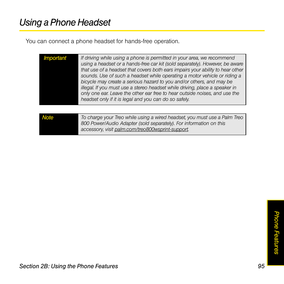 Using a phone headset | Sprint Nextel Palm Treo 800w User Manual | Page 95 / 436