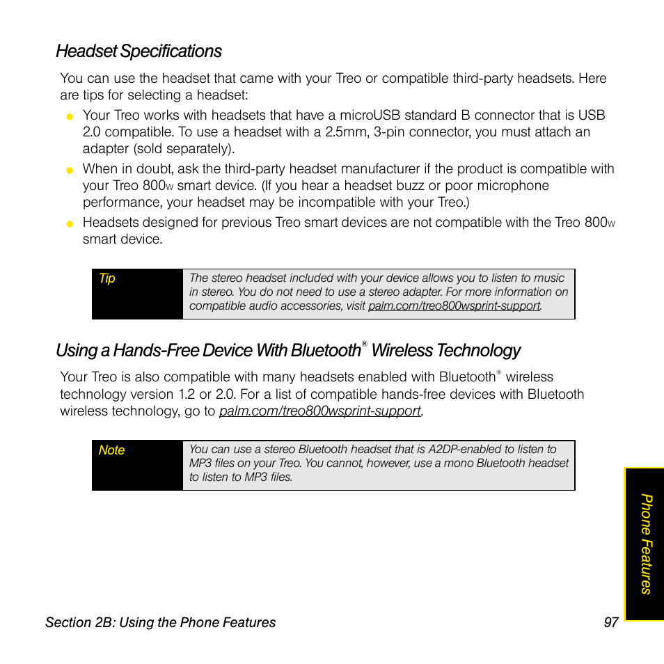 Headset specifications, Using a hands-free device with bluetooth, Wireless technology | Sprint Nextel Palm Treo 800w User Manual | Page 97 / 436