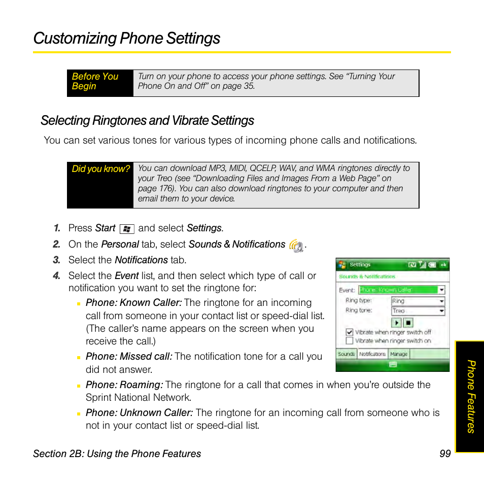 Customizing phone settings, Selecting ringtones and vibrate settings | Sprint Nextel Palm Treo 800w User Manual | Page 99 / 436