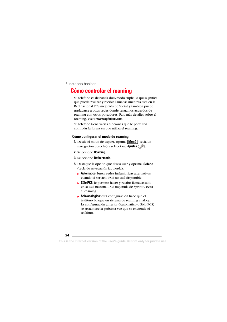 Cómo controlar el roaming, Cómo configurar el modo de roaming | Sprint Nextel T608 User Manual | Page 106 / 157