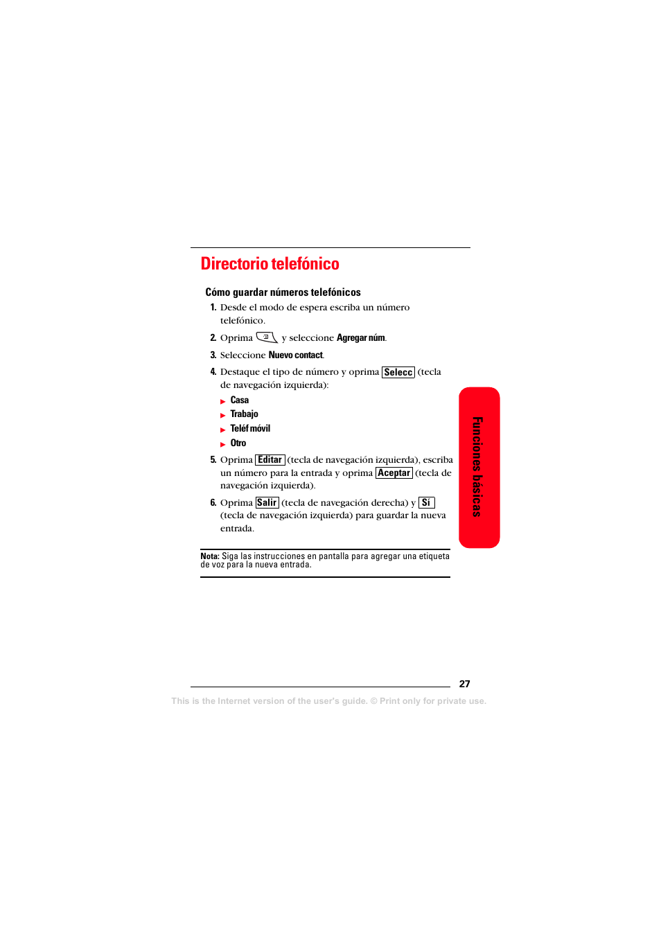 Directorio telefónico, Cómo guardar números telefónicos, Funciones básicas | Sprint Nextel T608 User Manual | Page 109 / 157