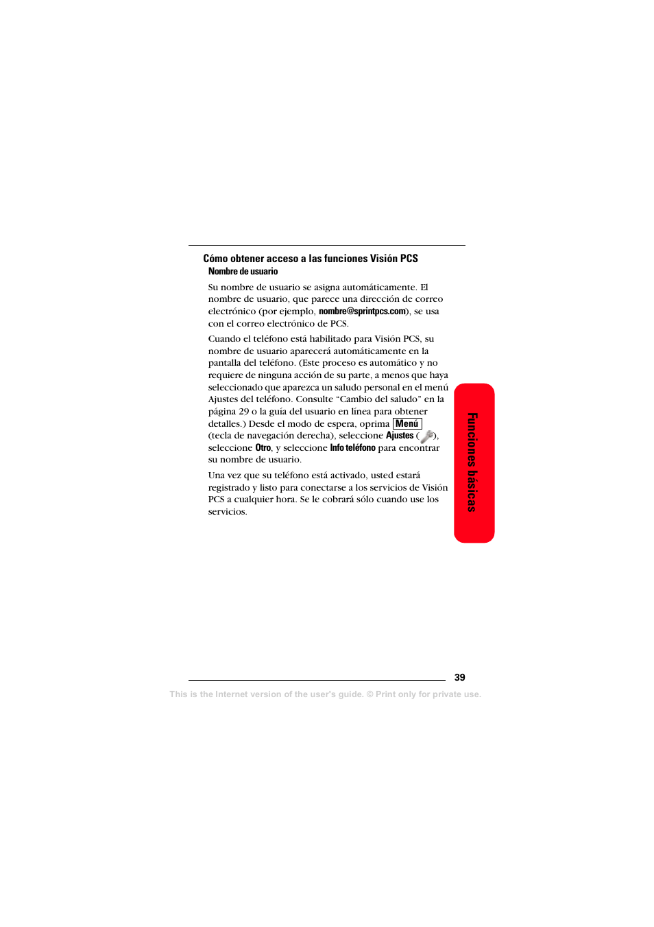 Cómo obtener acceso a las funciones visión pcs, Funciones básicas | Sprint Nextel T608 User Manual | Page 121 / 157