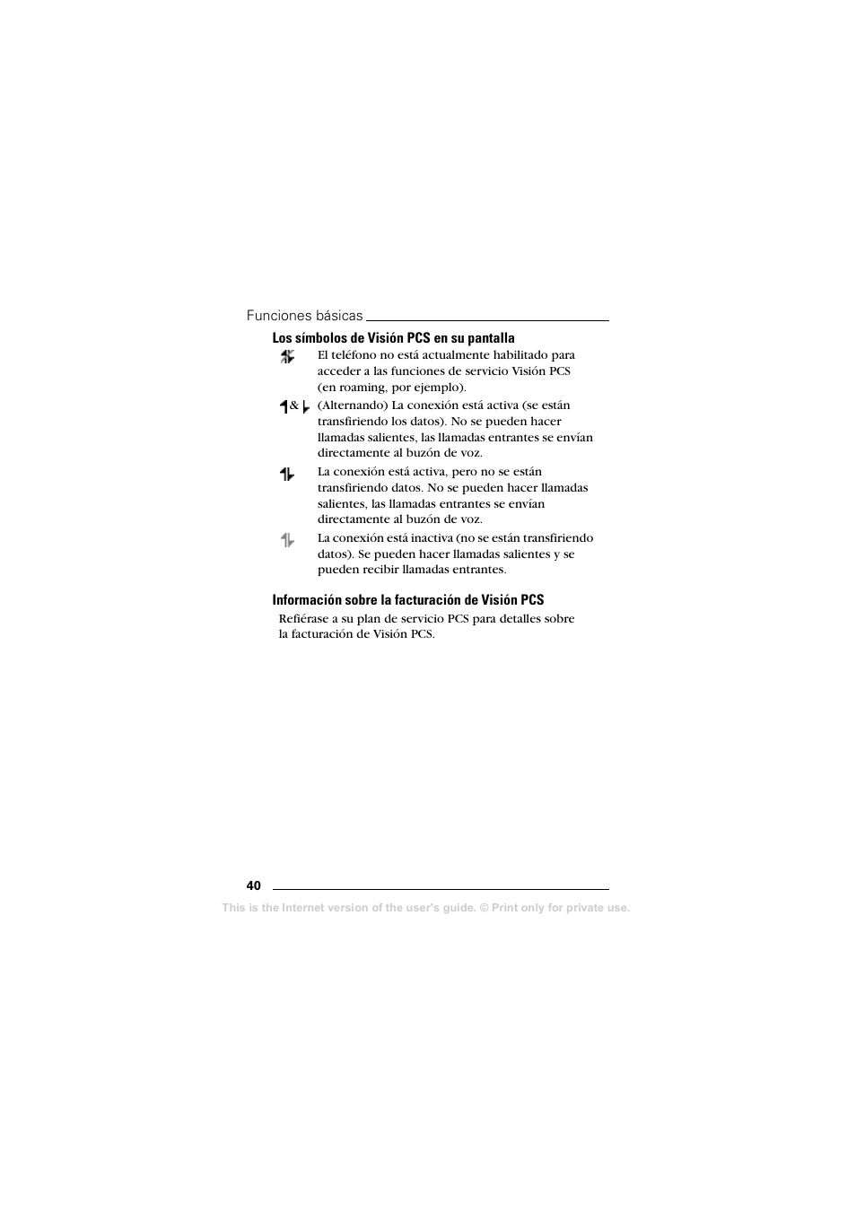 Los símbolos de visión pcs en su pantalla, Información sobre la facturación de visión pcs | Sprint Nextel T608 User Manual | Page 122 / 157