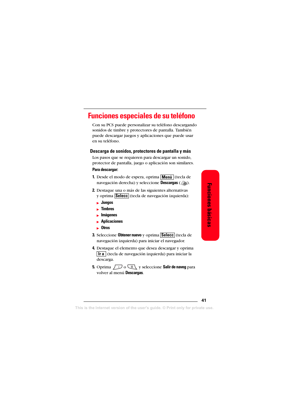 Funciones especiales de su teléfono, Descarga de sonidos, protectores de pantalla y más, Funciones básicas | Sprint Nextel T608 User Manual | Page 123 / 157
