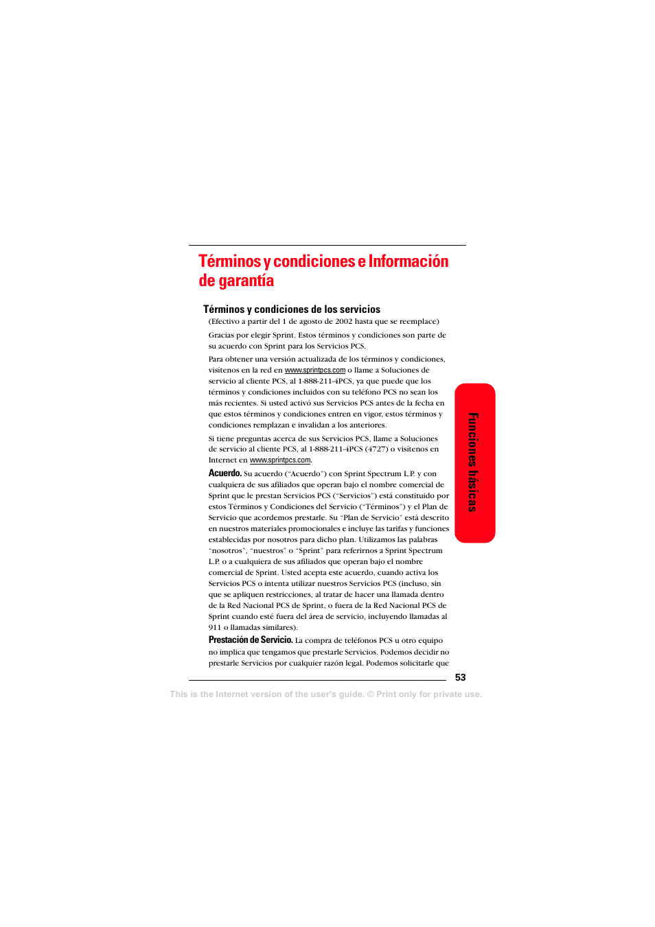 Términos y condiciones e información de garantía, Términos y condiciones de los servicios, Funciones básicas | Sprint Nextel T608 User Manual | Page 135 / 157