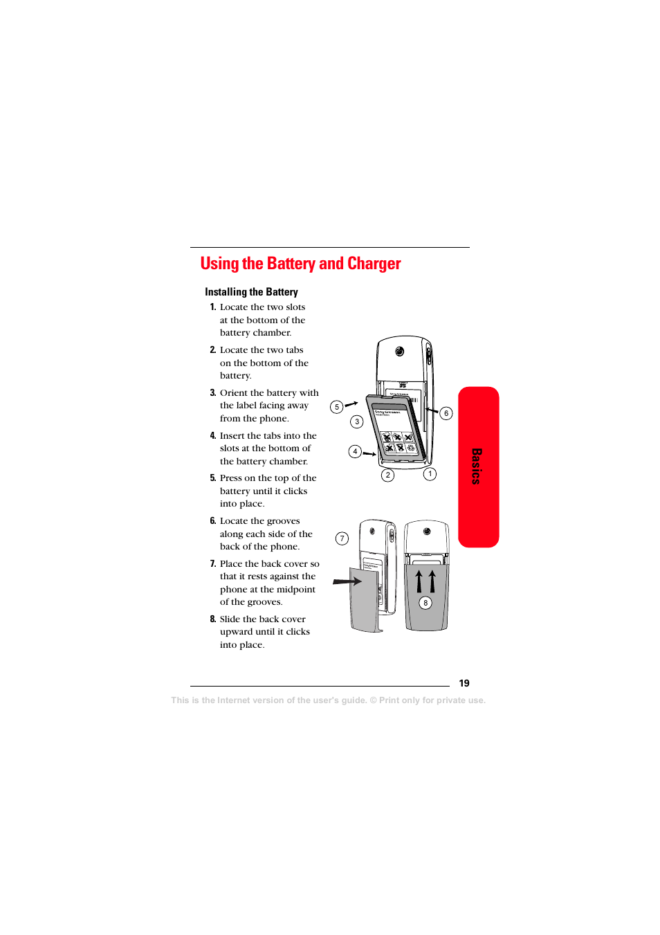 Using the battery and charger, Installing the battery, Basics | Sprint Nextel T608 User Manual | Page 25 / 157