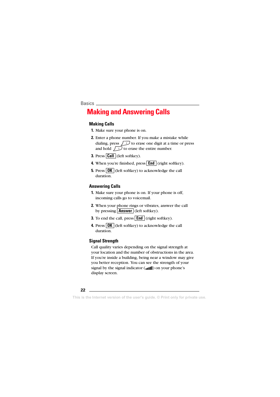 Making and answering calls, Making calls, Answering calls | Signal strength | Sprint Nextel T608 User Manual | Page 28 / 157