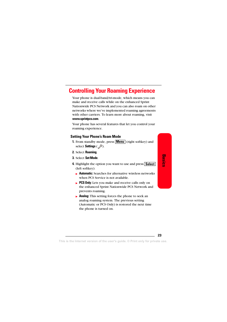 Controlling your roaming experience, Setting your phone’s roam mode, Basics | Sprint Nextel T608 User Manual | Page 29 / 157