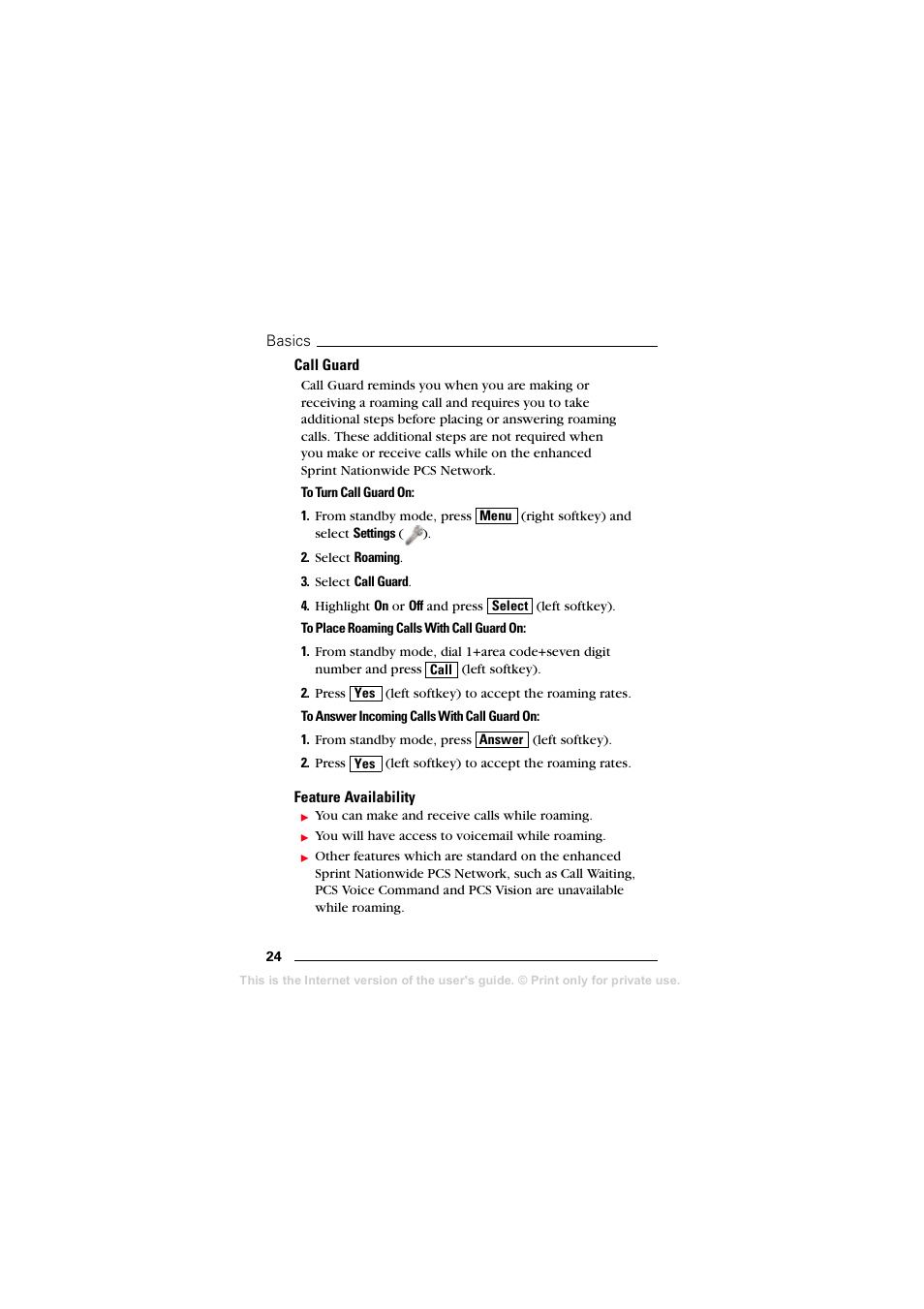 Call guard, Feature availability | Sprint Nextel T608 User Manual | Page 30 / 157