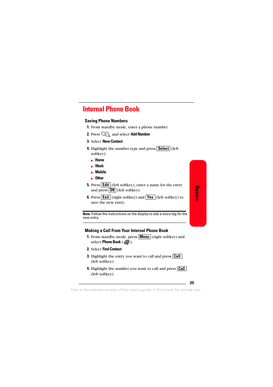 Internal phone book, Saving phone numbers, Making a call from your internal phone book | Basics | Sprint Nextel T608 User Manual | Page 31 / 157