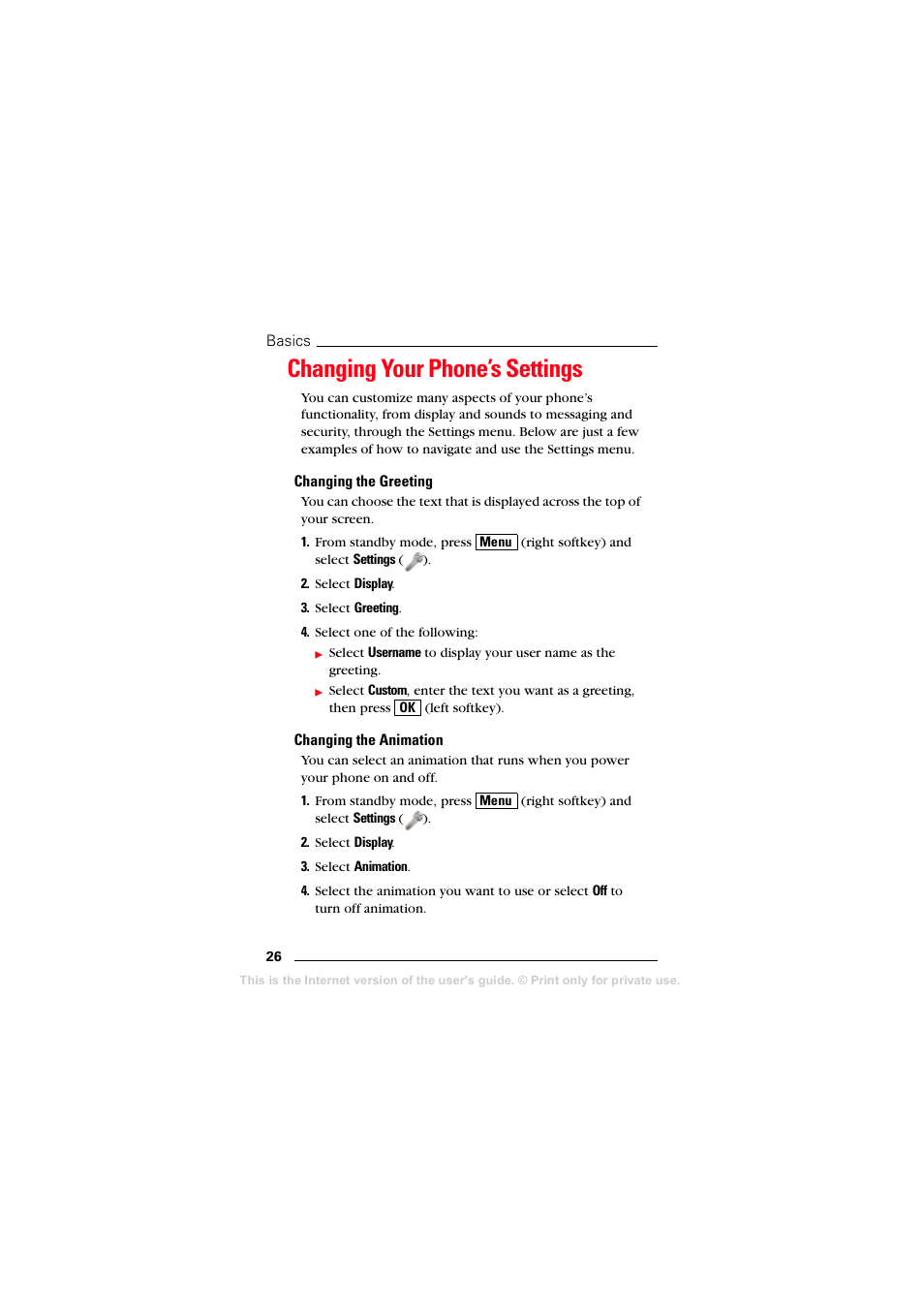 Changing your phone’s settings, Changing the greeting, Changing the animation | Sprint Nextel T608 User Manual | Page 32 / 157