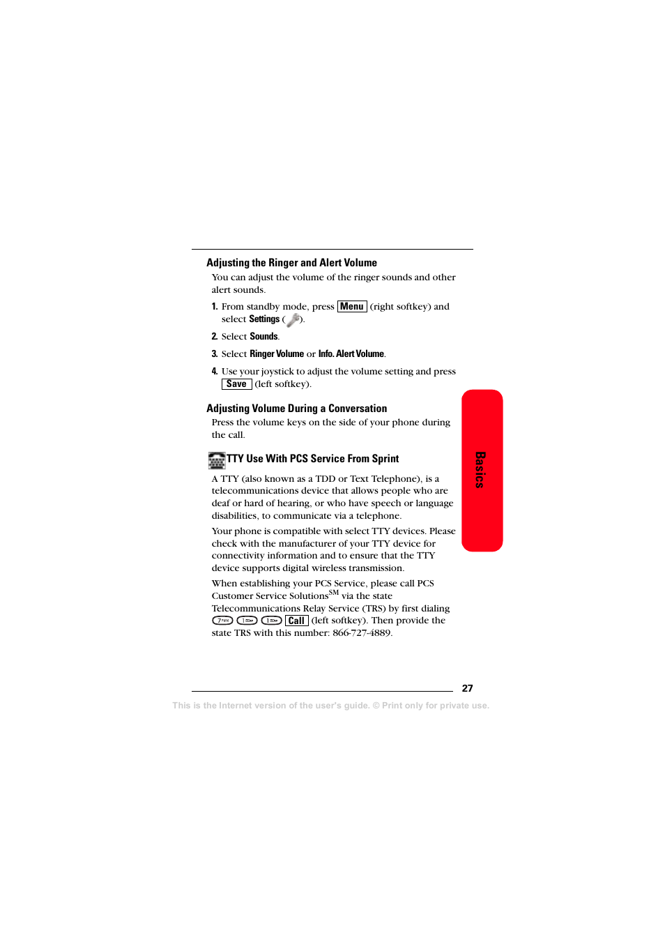 Adjusting the ringer and alert volume, Adjusting volume during a conversation, Tty use with pcs service from sprint | Basics | Sprint Nextel T608 User Manual | Page 33 / 157