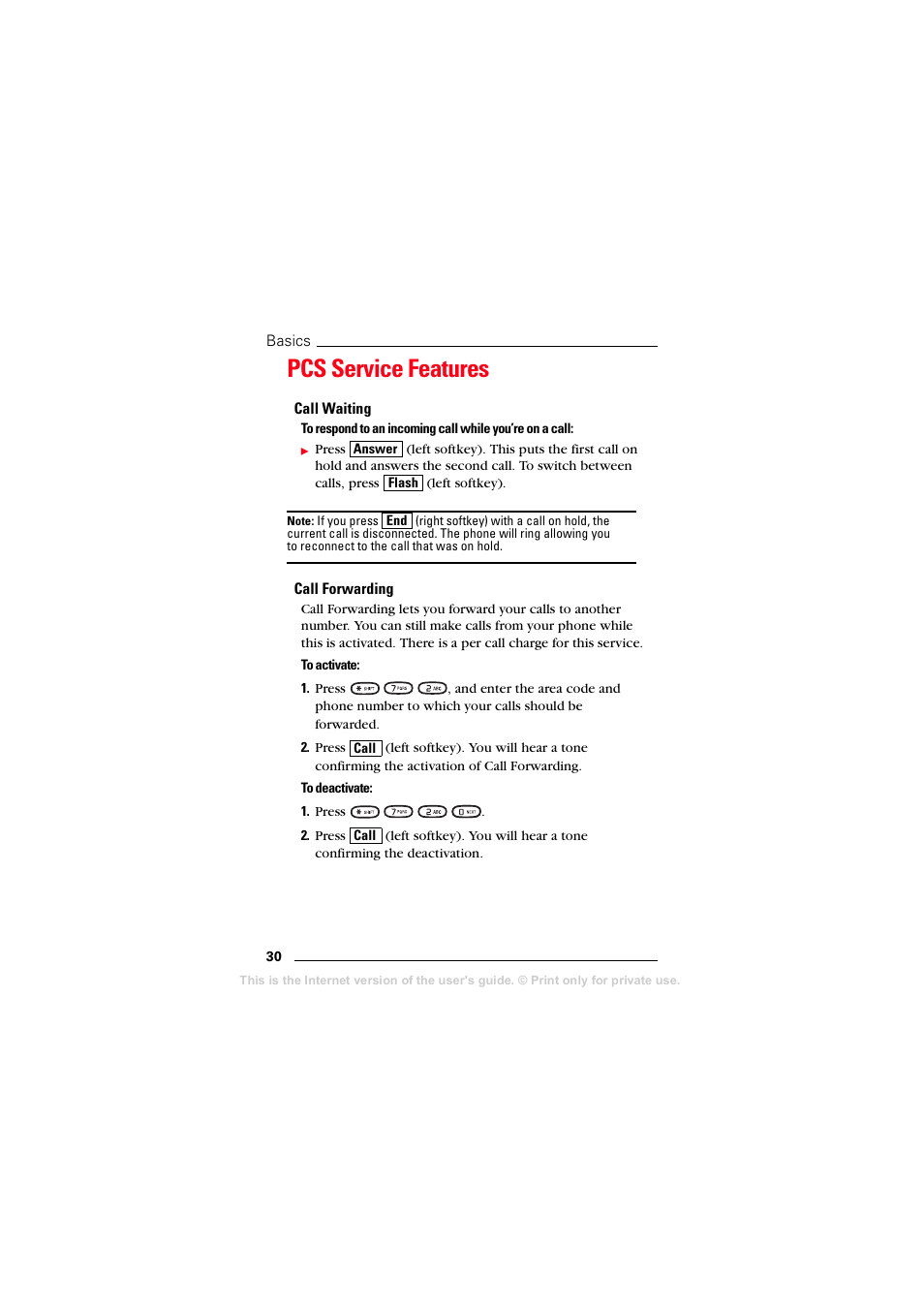 Pcs service features, Call waiting, Call forwarding | Sprint Nextel T608 User Manual | Page 36 / 157