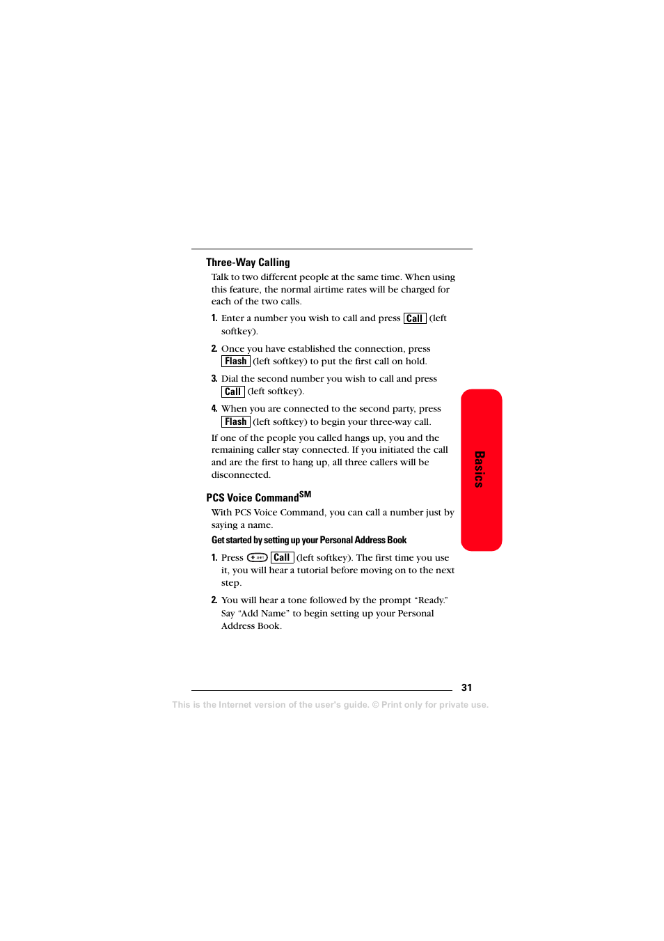 Three-way calling, Pcs voice command, Basics | Sprint Nextel T608 User Manual | Page 37 / 157