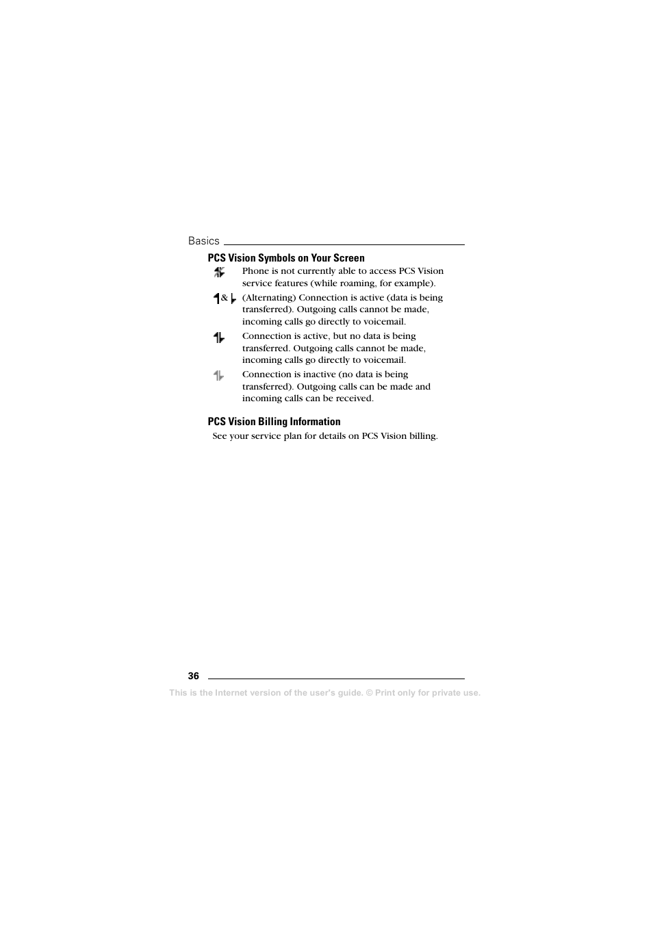 Pcs vision symbols on your screen, Pcs vision billing information | Sprint Nextel T608 User Manual | Page 42 / 157