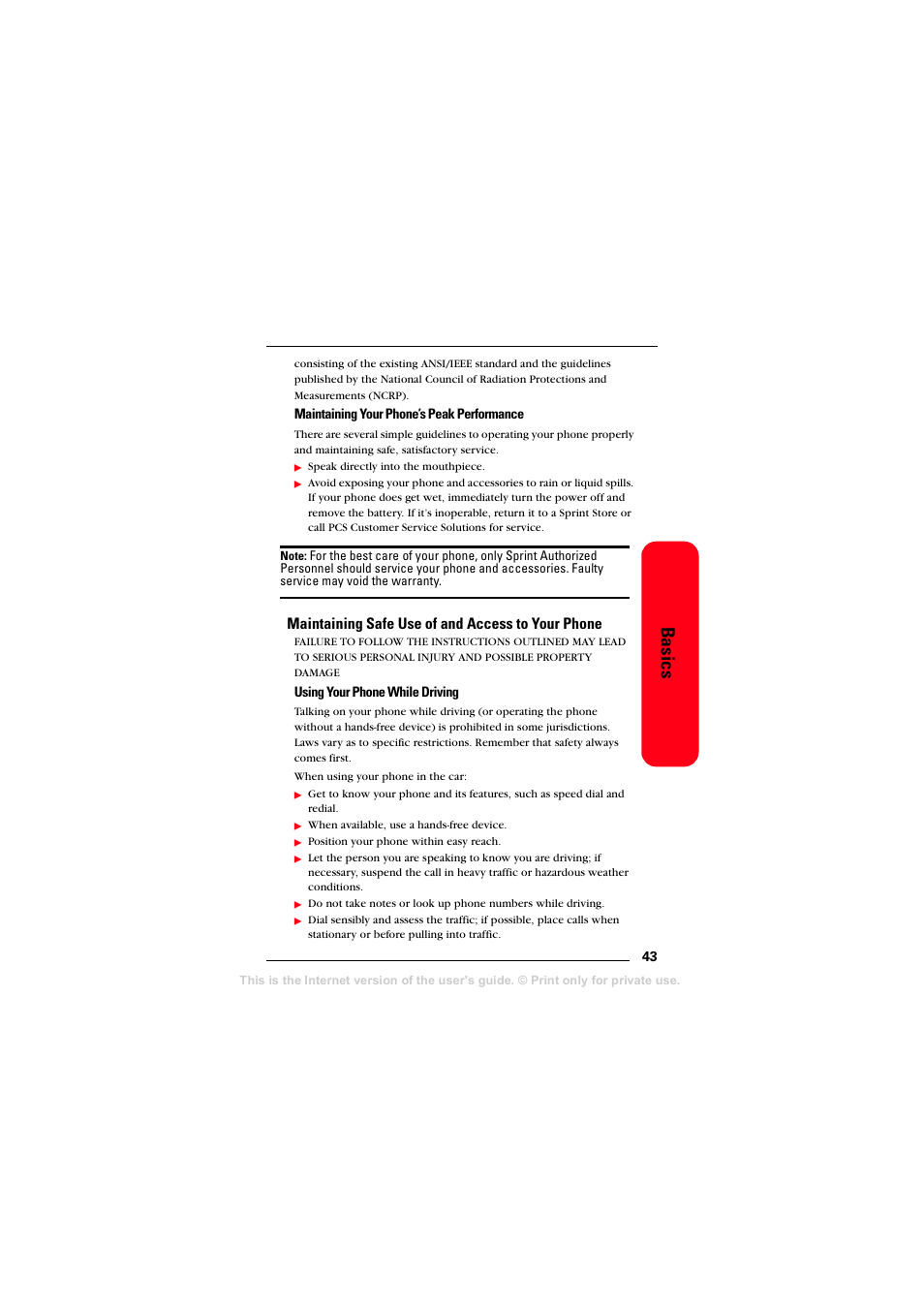 Maintaining safe use of and access to your phone, Basics | Sprint Nextel T608 User Manual | Page 49 / 157