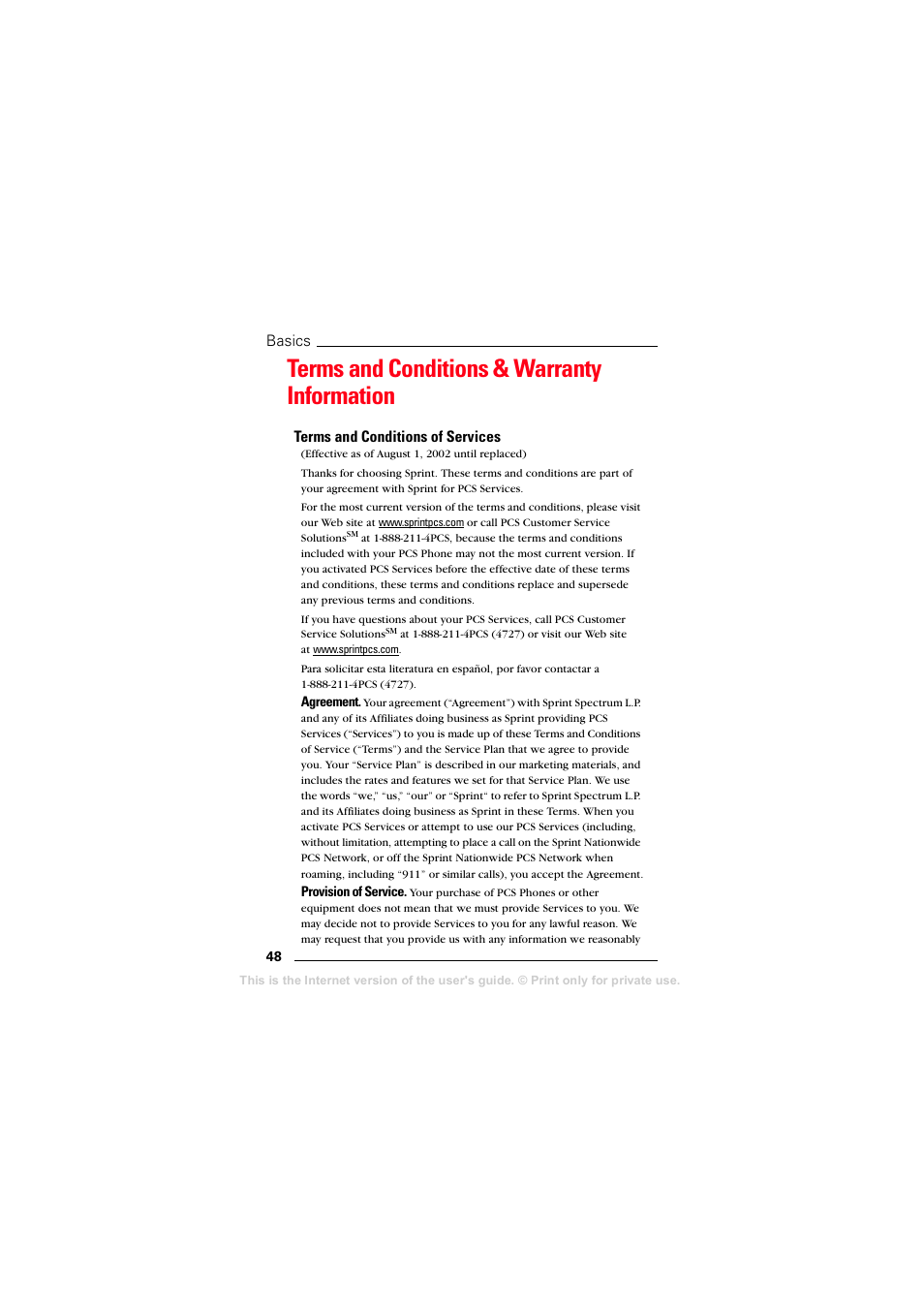 Terms and conditions & warranty information, Terms and conditions of services | Sprint Nextel T608 User Manual | Page 54 / 157