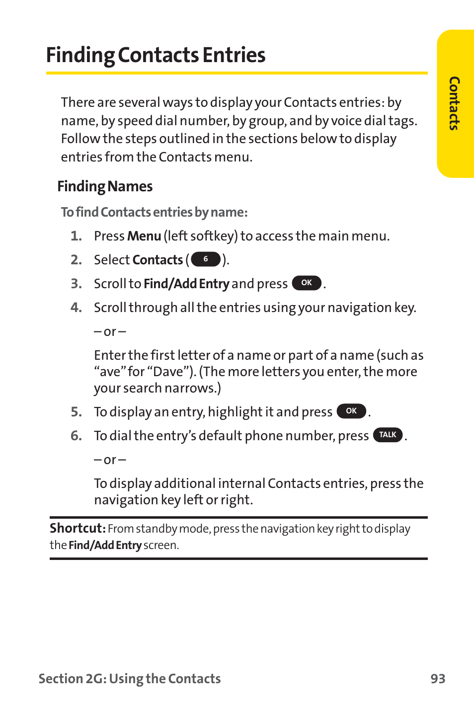 Finding contacts entries | Sprint Nextel SPRINT PCS PM-225 User Manual | Page 102 / 217