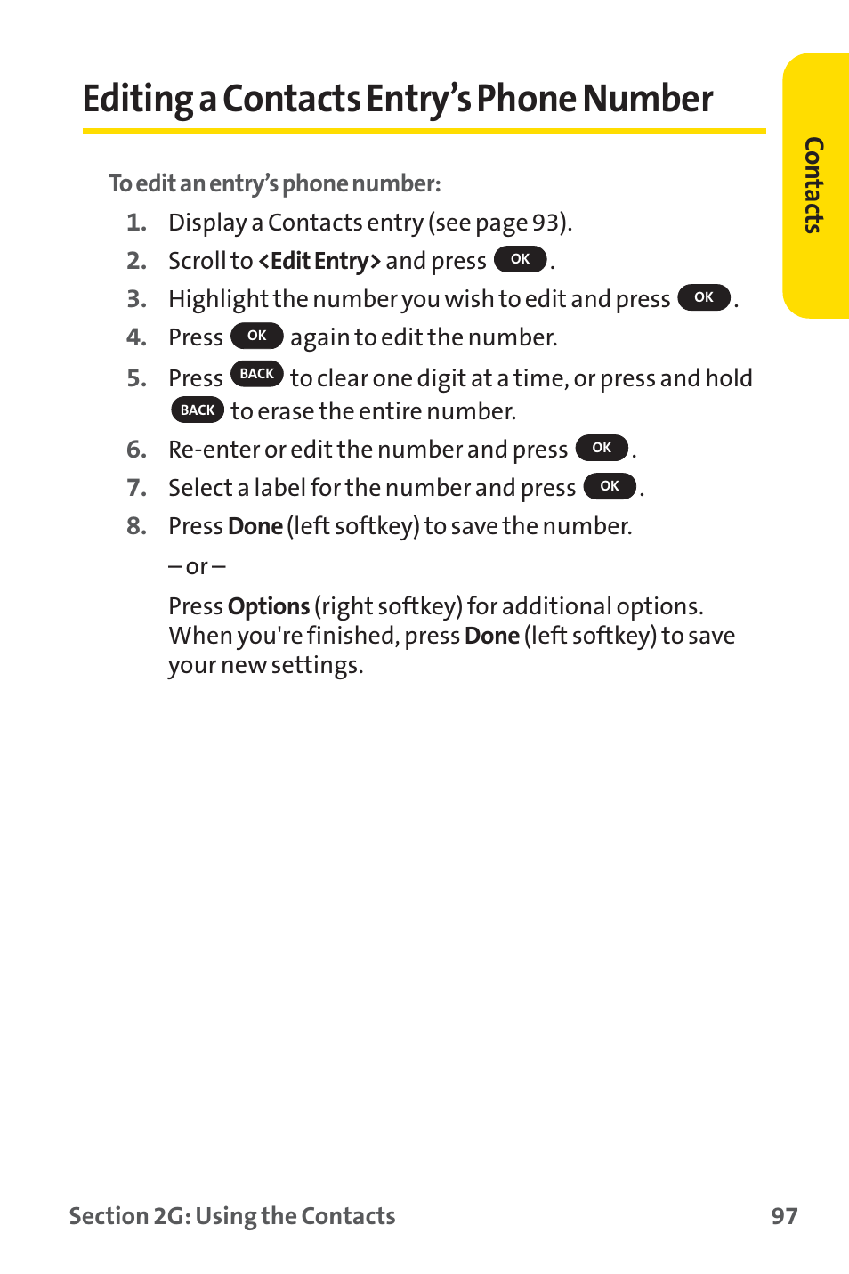 Editing a contacts entry’s phone number | Sprint Nextel SPRINT PCS PM-225 User Manual | Page 106 / 217