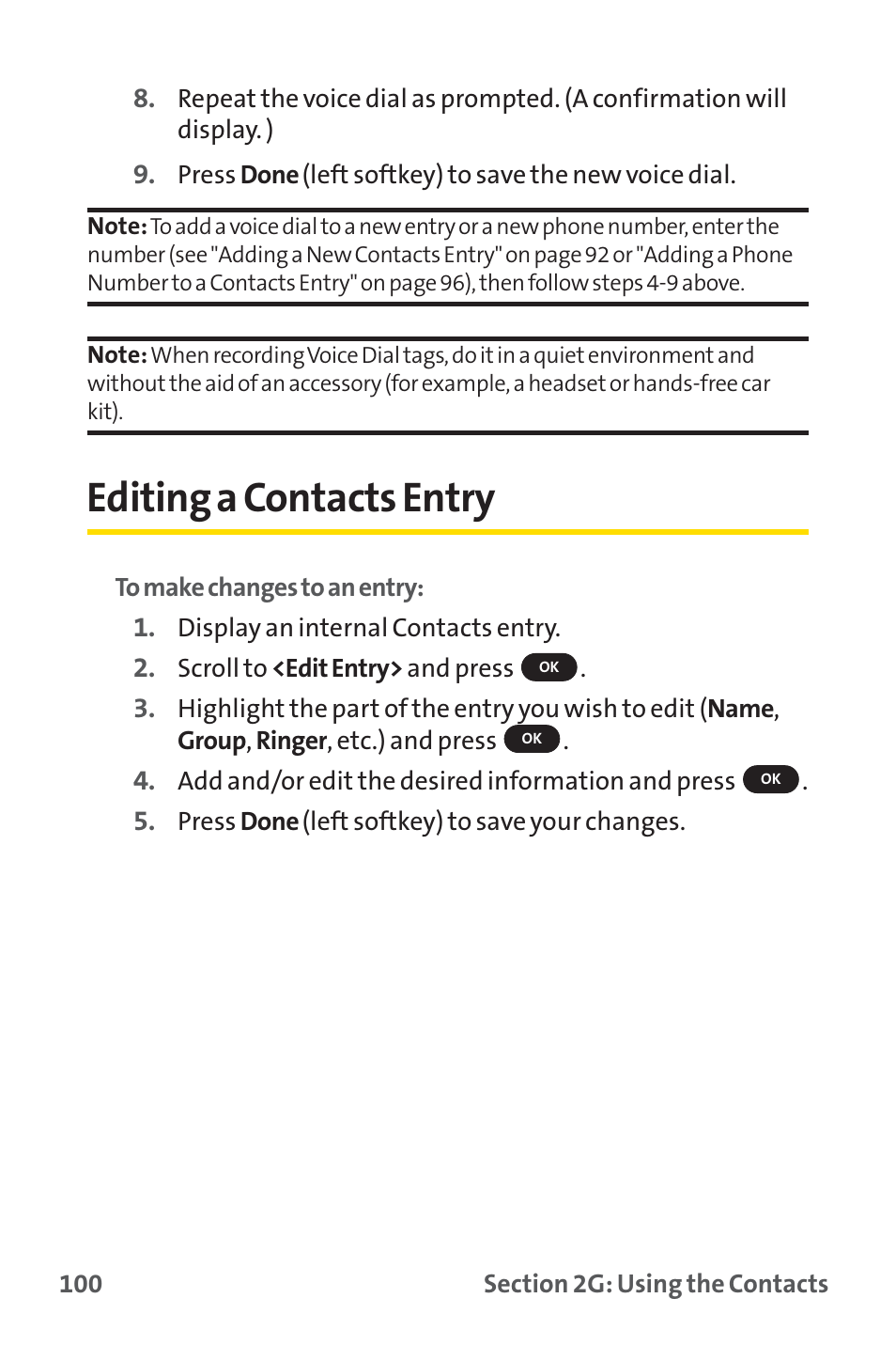 Editing a contacts entry | Sprint Nextel SPRINT PCS PM-225 User Manual | Page 109 / 217