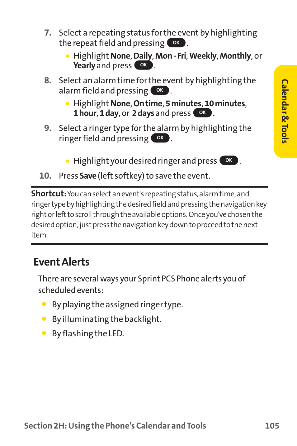 Event alerts, Calendar & tools | Sprint Nextel SPRINT PCS PM-225 User Manual | Page 114 / 217