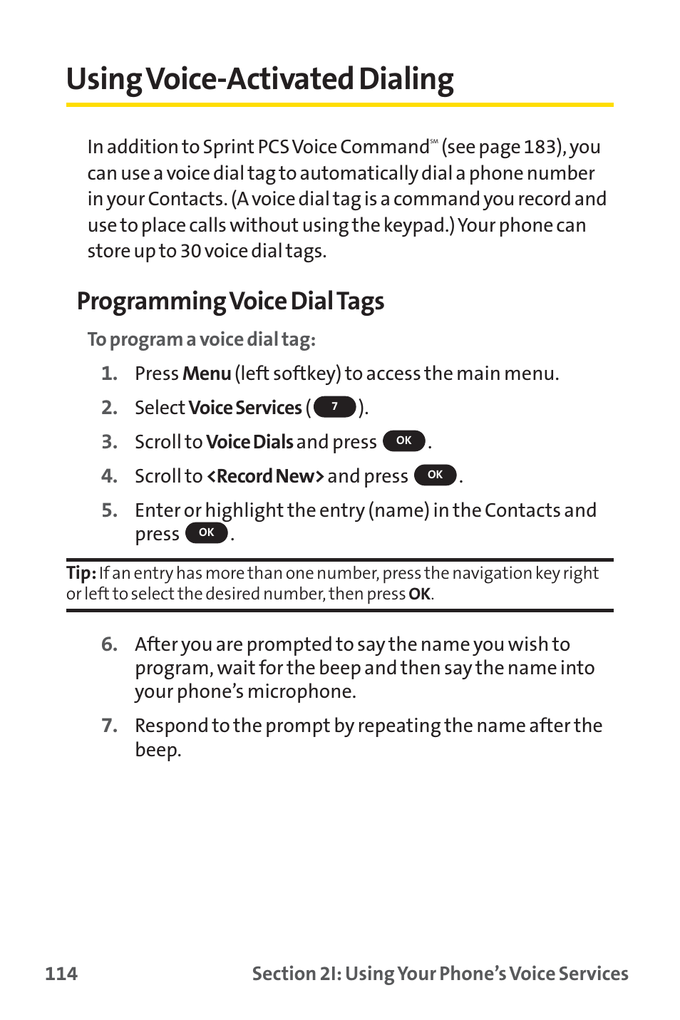 Using voice-activated dialing, Programming voice dial tags | Sprint Nextel SPRINT PCS PM-225 User Manual | Page 123 / 217