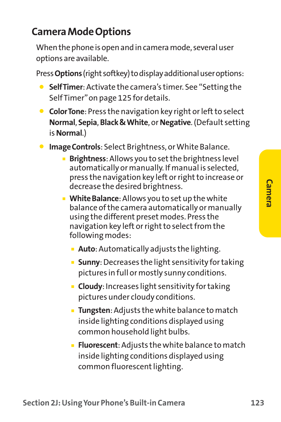 Camera mode options, Camer a | Sprint Nextel SPRINT PCS PM-225 User Manual | Page 132 / 217