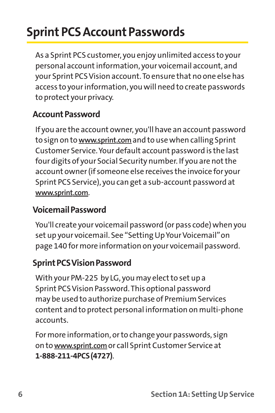 Sprint pcs account passwords | Sprint Nextel SPRINT PCS PM-225 User Manual | Page 15 / 217