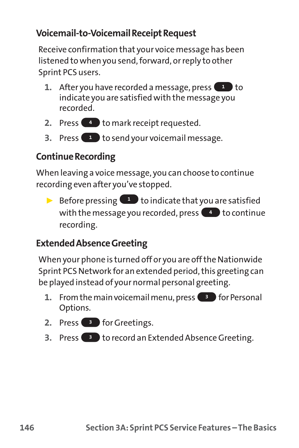 Voicemail-to-voicemail receipt request, Continue recording, Extended absence greeting | Sprint Nextel SPRINT PCS PM-225 User Manual | Page 155 / 217